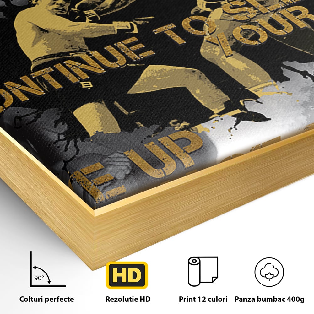 Detaliu al suprafetei: tablou canvas motivational cu muhammad ali, in rama de aluminiu auriu